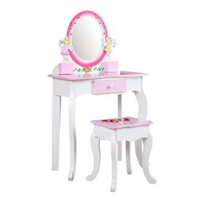 Obetuens Kids Vanity Set Floral Printed Wooden Makeup Dressing Princess Table with Mirror and Stool for Role Playing Pink