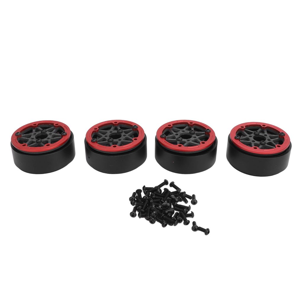 4pcs Beadlock Wheel Rim for 1/10 RC Crawler Car, Carbon Fibre Sealed Hexagonal Beadlock Wheel Hub with Aluminum Alloy Cover, Lightweight Performance Rock Climbing Wheels for SCX10 (Red)