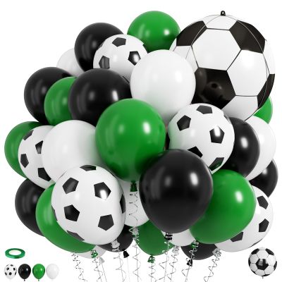Soccer Balloons, 50 Pcs Green Black White Balloons with Black White Football Print and Foil Balloon for Boys Men Soccer Football Birthday Club Party Sport Theme Baby Shower Party Decorations