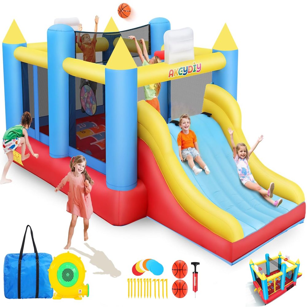 AKEYDIY Inflatable Bounce House, Kids Bouncy House for Big Kids 3-12, Bounce House with Extra Wide Slide&Climbing Wall&Removable Volleyball Net, Outdoor/Indoor Kids Bouncy Castle for Backyard/Party
