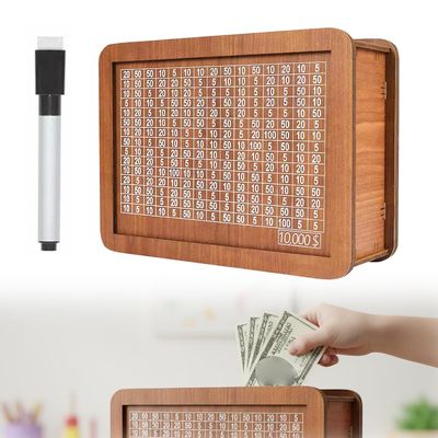 Cash Vault Wooden Savings Box, 2026 New Wooden Box Money Saver with Acrylic Board and Erasable Pen, Reusable Money Box for Cash Saving with Money Target (10000)