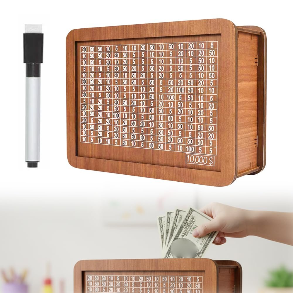 Cash Vault Wooden Savings Box, 2026 New Wooden Box Money Saver with Acrylic Board and Erasable Pen, Reusable Money Box for Cash Saving with Money Target (10000)