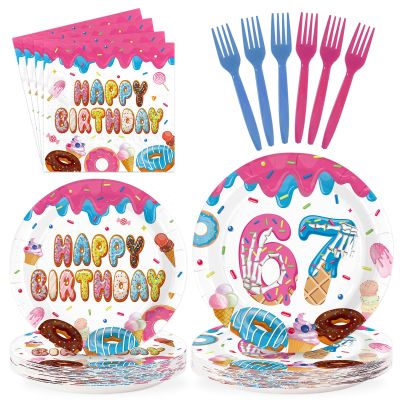 Greencian 96Pcs Donut 6 7 Birthday Decorations 6/7 Birthday Plates and Napkins 67 Themed I was 6 Now I'm 7 Disposable Paper Tableware Set for Kids Boys Girls 6-7 Year Old Party Supplies Serves 24