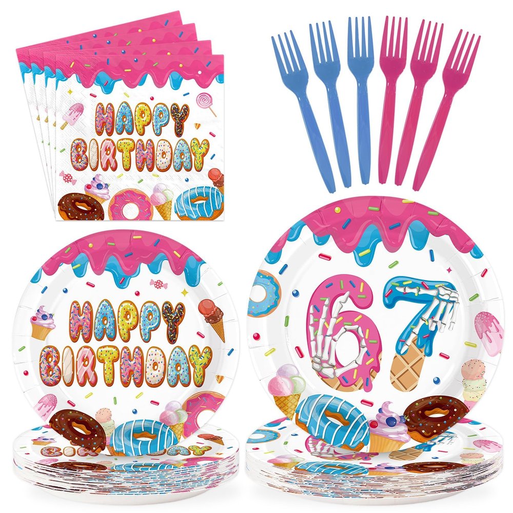 Greencian 96Pcs Donut 6 7 Birthday Decorations 6/7 Birthday Plates and Napkins 67 Themed I was 6 Now I'm 7 Disposable Paper Tableware Set for Kids Boys Girls 6-7 Year Old Party Supplies Serves 24
