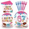 Greencian 96Pcs Donut 6 7 Birthday Decorations 6/7 Birthday Plates and Napkins 67 Themed I was 6 Now I'm 7 Disposable Paper Tableware Set for Kids Boys Girls 6-7 Year Old Party Supplies Serves 24 view 1
