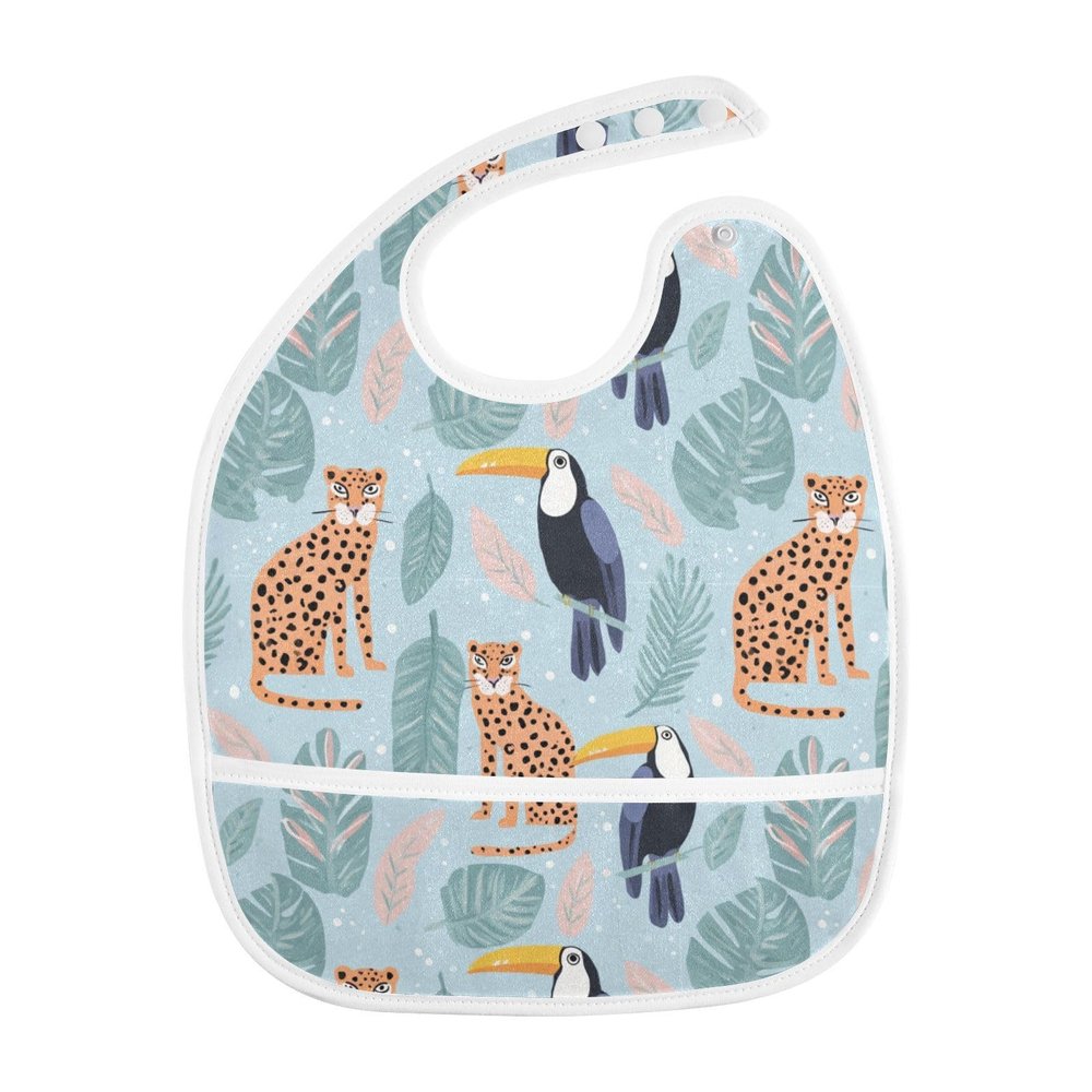 IHCVHQX Baby Feeding Bibs with Catcher Pocket Leopard Tropical Birds Toddler Sleeveless Teething Bib 1 Pack