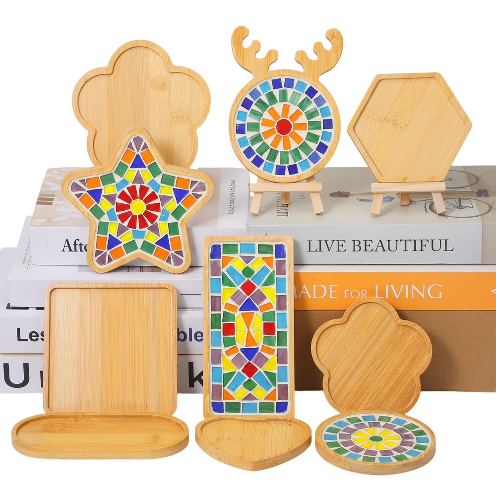 10 Pcs Wooden Assorted Shapes Mosaic Bases Wooden Mosaic Base for DIY, with Wood Surface for Handcrafted Glass Mosaic Tiles Crafts for Adults and Kids