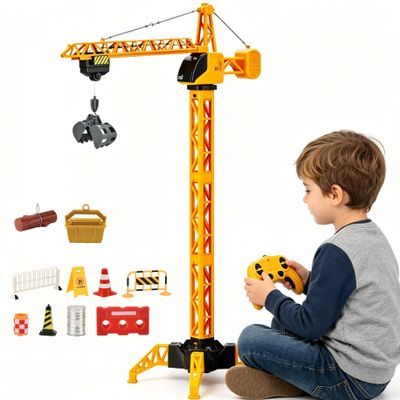 35.5-Inch 6 Channel RC Tower Crane for Kids, Remote Control Crane Toy with LED Lights, 360 Rotating Lift Construction Vehicles with Grabber, Log, Lifting Basket, Educational Learning Toys for Boys