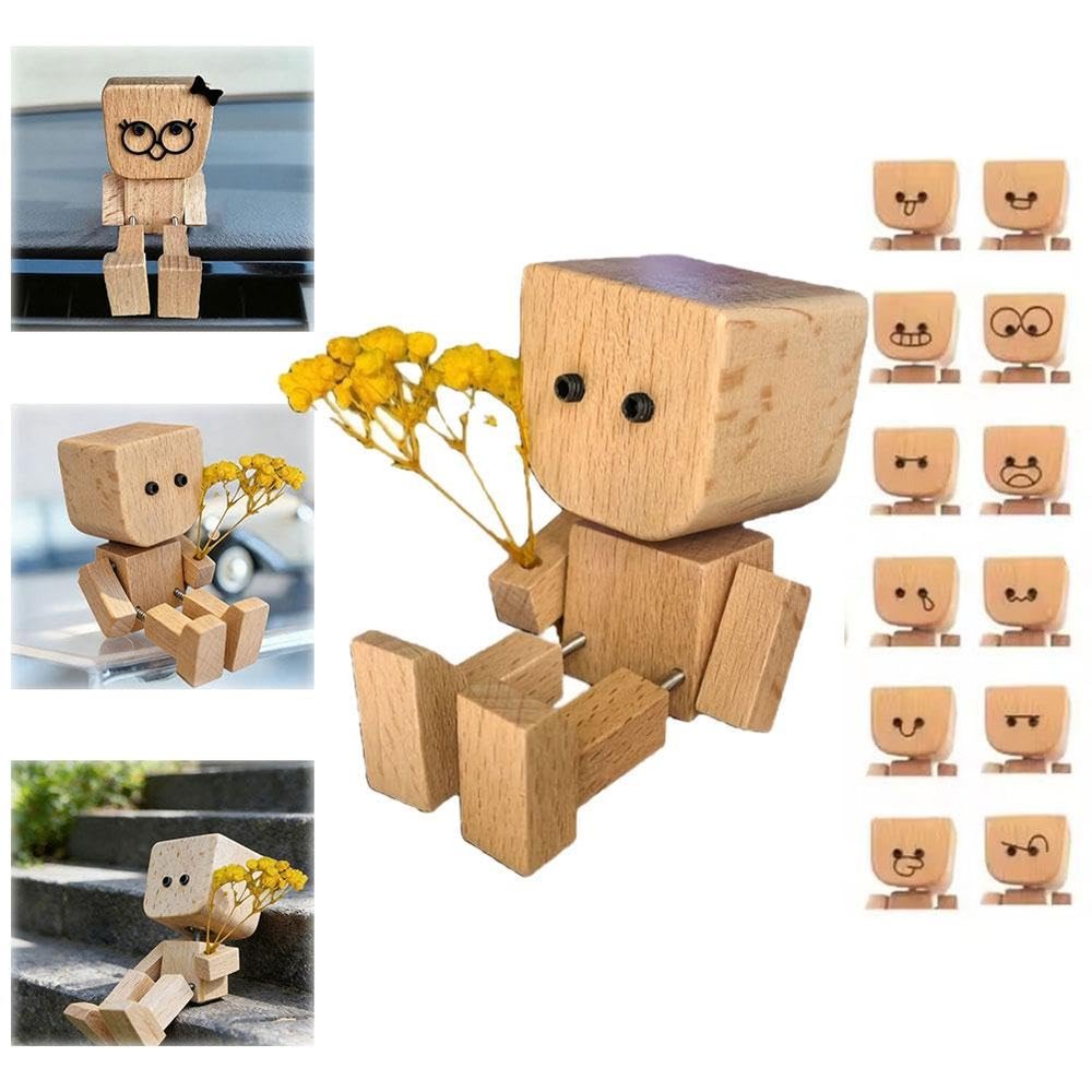 Shaking Feet Wooden Doll,Tiny Wooden Shaking Man Doll with Spring Legs with 12pcs Magnetic Expressions,ShakingWooden Man Figurine for Car Dashboard,Funny Cars Ornaments Wood Desktop Decorations