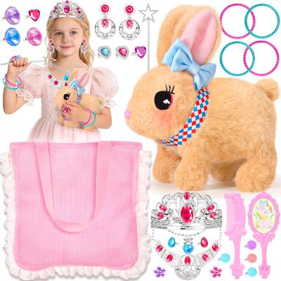 CatchCute Interactive Walking Bunny Plush Toys, Wiggle Ears Hopping Rabbit for Girls Pretend Play with Princess Accessories Storage Bag for Party Birthday Gifts