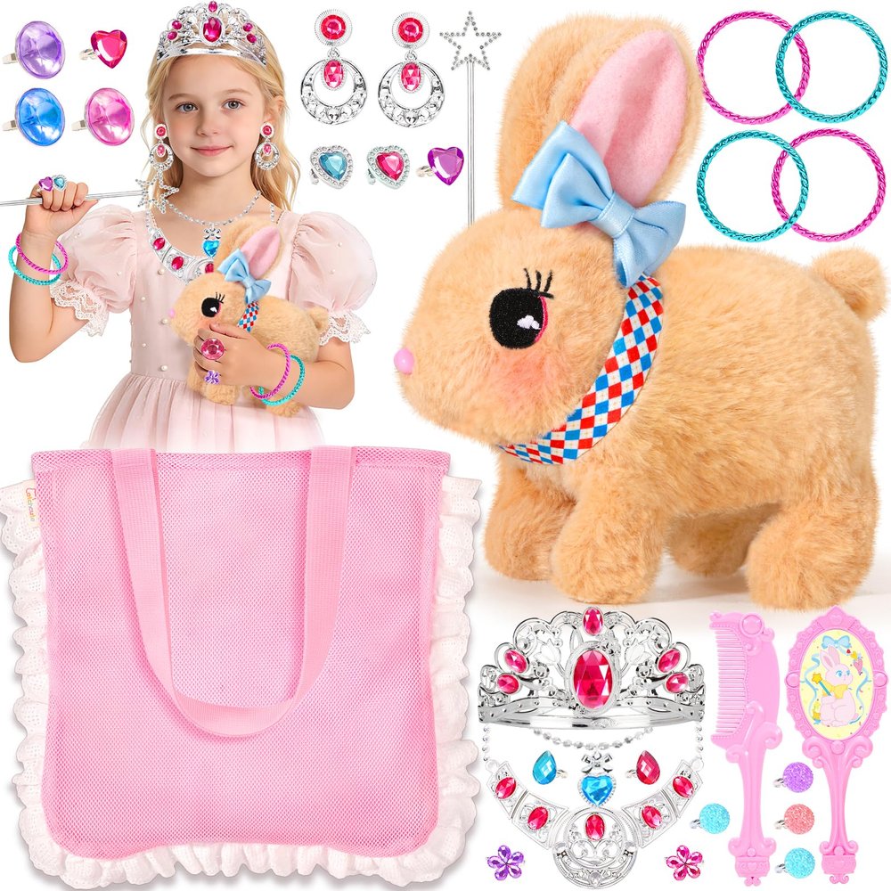 CatchCute Interactive Walking Bunny Plush Toys, Wiggle Ears Hopping Rabbit for Girls Pretend Play with Princess Accessories Storage Bag for Party Birthday Gifts