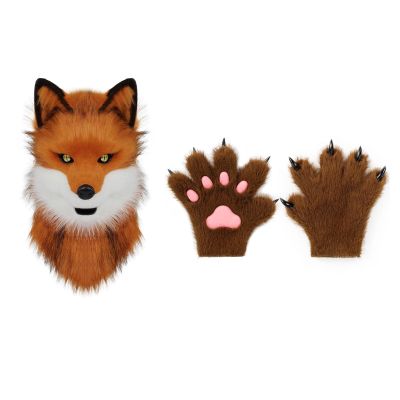 2Pcs Realistic Fursuit Dog Fox Wolf Mask Paws,Moving Jaw Fox Mask,Party Full Head Furry Wolf Werewolf Therian Gear (Brown)