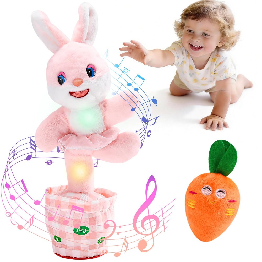 Cessfle Talking Dancing Easter Bunny Plush, Easter Basket Stuffers Toddler Girl Boy, Volume Adjustable Glowing Dancing Talking Bunny Toys with 60+ Songs, Baby Girl Boy Easter Gift, Hopping Bunny Toy
