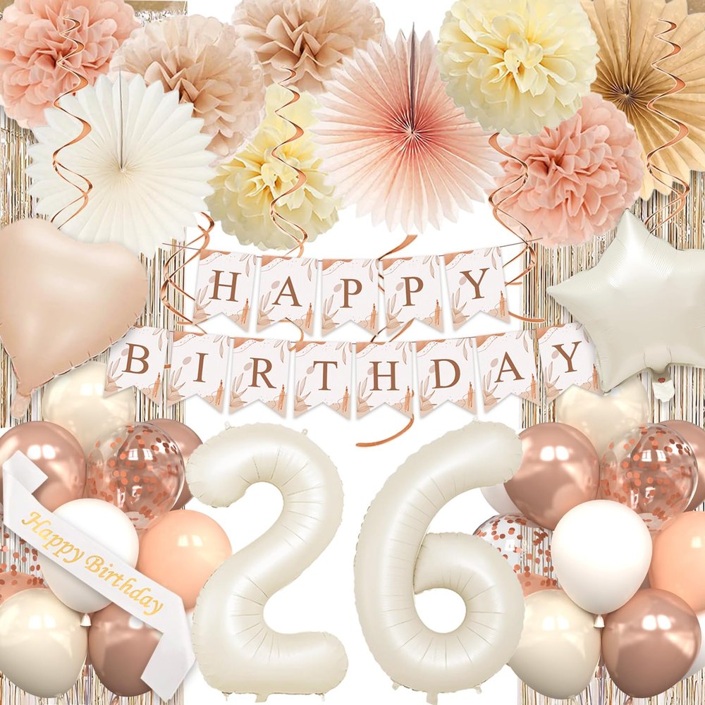 26th Beige Birthday Decorations for Women, White Sand Happy 26th Birthday Party Packs with Happy Birthday Banner, Paper Pom Poms, Boho Beige Cream Balloons for 26 Party Supplies