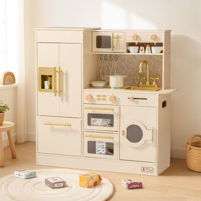 ROBUD Wooden Play Kitchen, Kids Kitchen Playset, Toy Kitchen Set with 17 Realistic Accessories, Ideal Gift for Kids & Toddlers, Age 3+ (White)