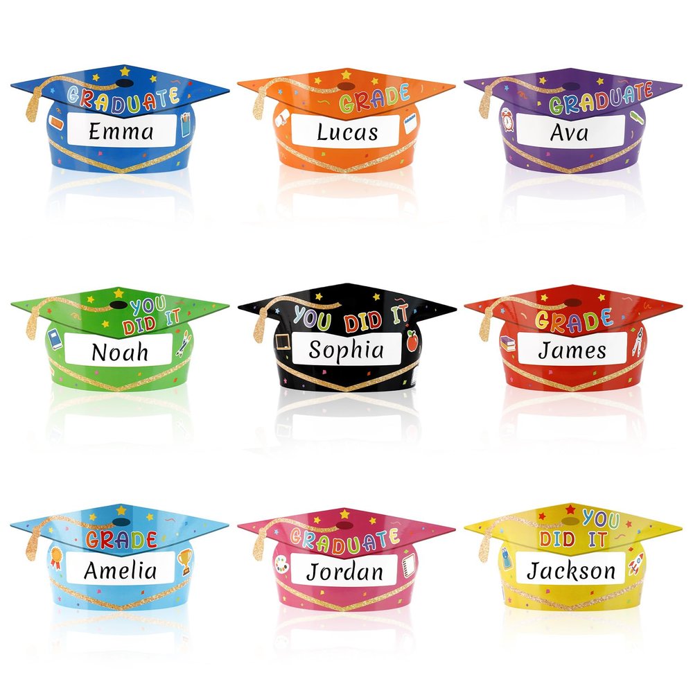 Paper Graduation Caps, Paper Crown Hats for Boys Girls, 9Pcs Adjustable Name DIY Graduation Cap Headbands Grad Caps Bulk for Kindergarten Preschool Class of 2026 Graduates Gifts Party Supplies