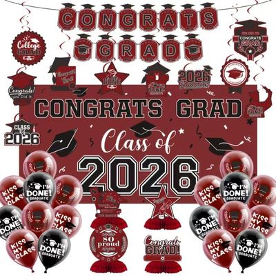 2026 Graduation Decorations Set- Class of 2026 Grad Party Decorations, Congrats Grad Banner, Backdrop, Grad Hanging Swirl, Balloons and Honeycomb Table Toppers, Graduation Party Supplies(Maroon)