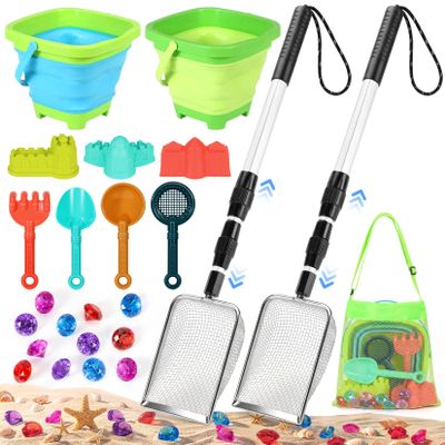 Beach Sand Toys Set with 2 PCS Adjustable Sand Sifter, Collapsible Beach Bucket,Sandbox Shovels,Sand Castle Kit,Diving Gem,Seashell Bags,Sand Sifter Shell Scooper Beach Essentials for kids 3-12