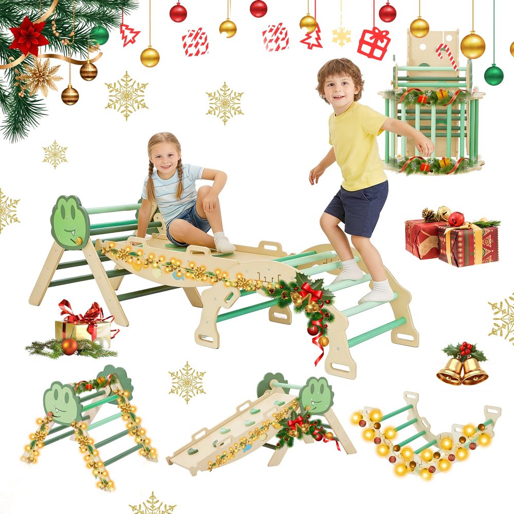 Amenitlif Pikler Triangle Set, 7-in-1 Foldable Climbing Toys Indoor, Wooden Playground Jungle Gym with Arch & Ramp & Ladder, Montessoris Kids' Indoor Climbers Activity Center for Boy Girl Gift