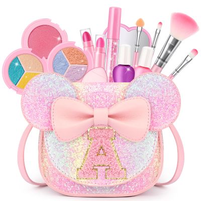 Kids Makeup Kit for Girls - 15 Pcs Real Washable Make Up Set - Non Toxic Toddlers Cosmetic with Letter Purse - Dress up Birthday Gifts for 3 4 5 6 7 8 Years Old Girls - Glitter Rainbow A