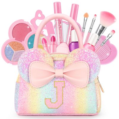 Kids Washable Makeup Kit for Girls - 17 Pcs Real Non Toxic Make Up Set with Personalized Purse - Toddler Girl Birthday Gifts Princess Toys Age 3 4 5 6 7 8 9 10 Years Old Kid - J