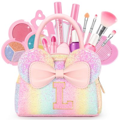 Kids Washable Makeup Kit for Girls - 17 Pcs Real Non Toxic Make Up Set with Personalized Purse - Toddler Girl Birthday Gifts Princess Toys Age 3 4 5 6 7 8 9 10 Years Old Kid - L