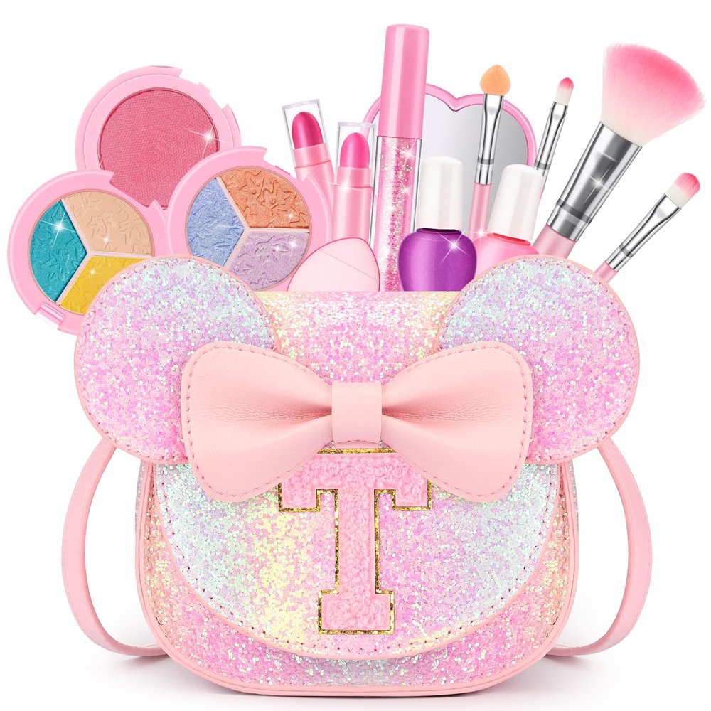 Kids Makeup Kit for Girls - 15 Pcs Real Washable Make Up Set - Non Toxic Toddlers Cosmetic with Letter Purse - Dress up Birthday Gifts for 3 4 5 6 7 8 Years Old Girls - Glitter Rainbow T