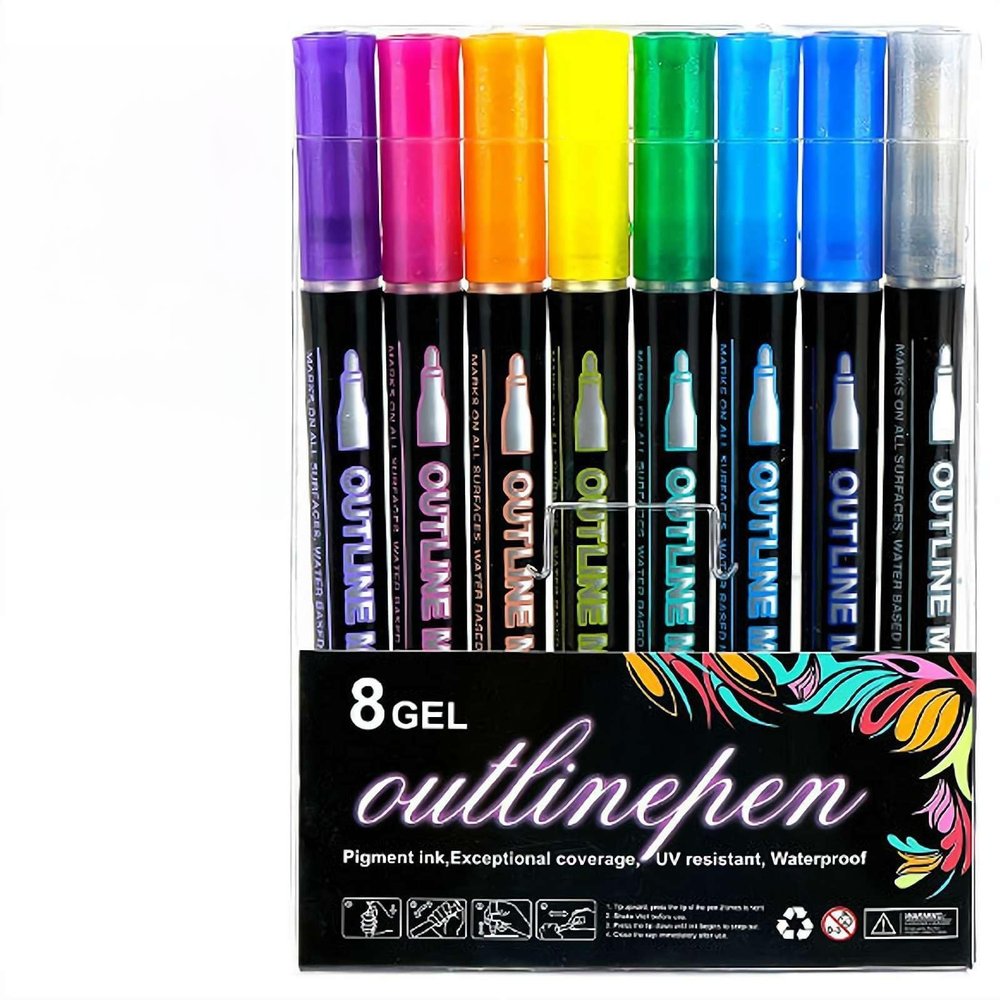 8 Colors Outline Markers,2026 Double Line Shimmer Marker Pens,Glitter Gel Double Line Outline Pen Sparkle Markers,Squiggles Glitter Marker Set for Christmas GreetingCards,Scrapbook Crafts,Easter Egg