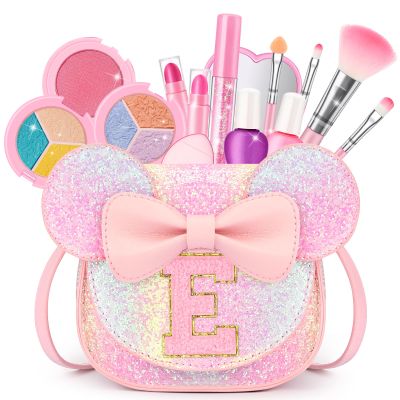 Kids Makeup Kit for Girls - 15 Pcs Real Washable Make Up Set - Non Toxic Toddlers Cosmetic with Letter Purse - Dress up Birthday Gifts for 3 4 5 6 7 8 Years Old Girls - Glitter Rainbow E