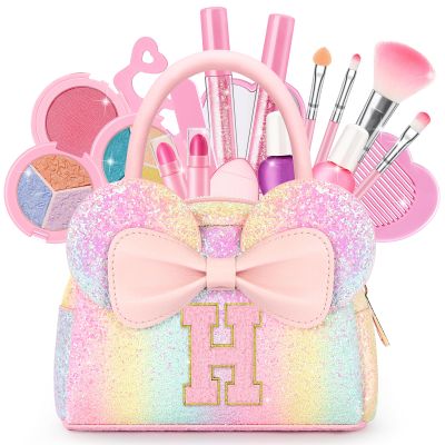 Kids Washable Makeup Kit for Girls - 17 Pcs Real Non Toxic Make Up Set with Personalized Purse - Toddler Girl Birthday Gifts Princess Toys Age 3 4 5 6 7 8 9 10 Years Old Kid - H