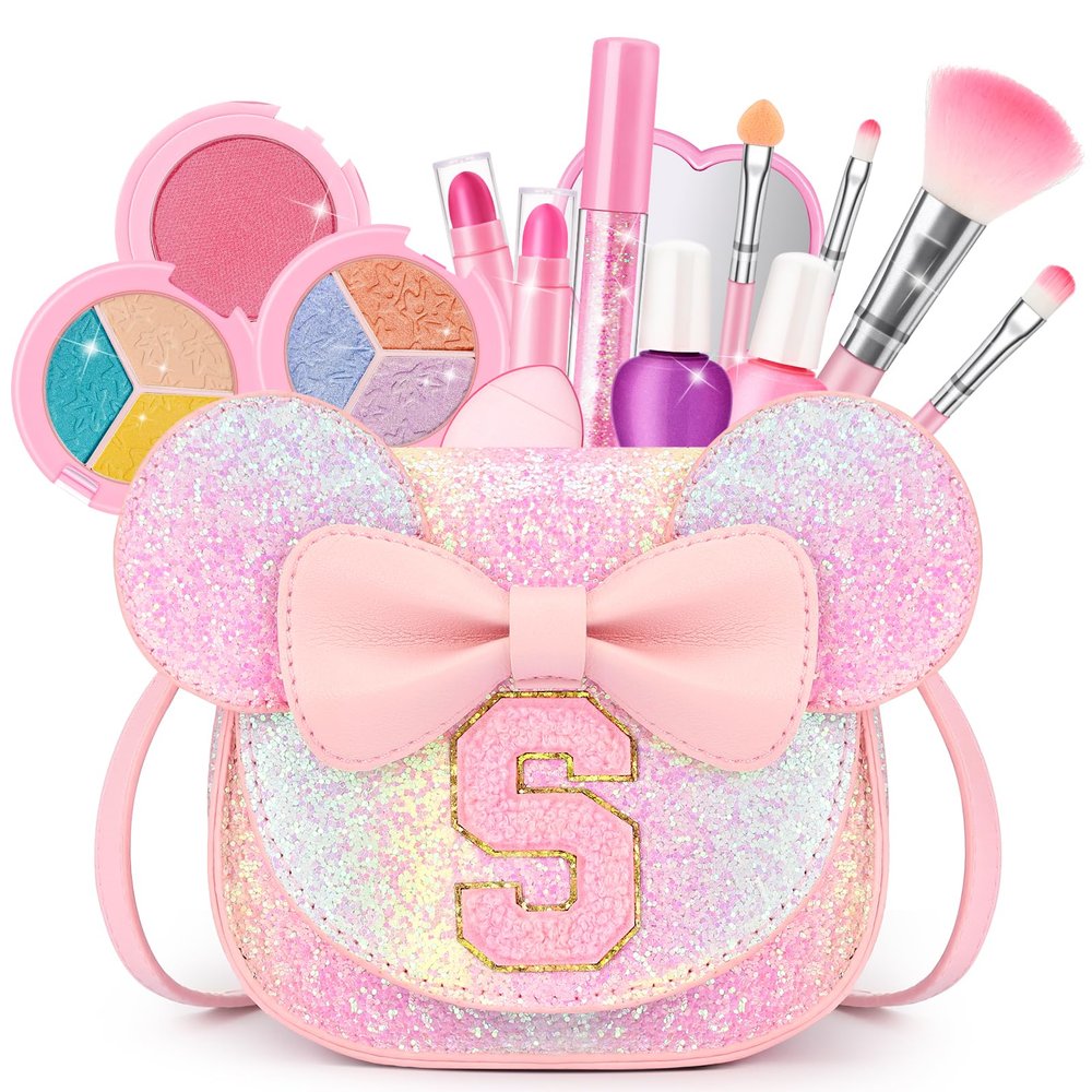 Kids Makeup Kit for Girls - 15 Pcs Real Washable Make Up Set - Non Toxic Toddlers Cosmetic with Letter Purse - Dress up Birthday Gifts for 3 4 5 6 7 8 Years Old Girls - Glitter Rainbow S
