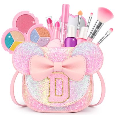 Kids Makeup Kit for Girls - 15 Pcs Real Washable Make Up Set - Non Toxic Toddlers Cosmetic with Letter Purse - Dress up Birthday Gifts for 3 4 5 6 7 8 Years Old Girls - Glitter Rainbow D