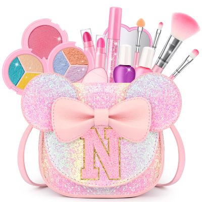 Kids Makeup Kit for Girls - 15 Pcs Real Washable Make Up Set - Non Toxic Toddlers Cosmetic with Letter Purse - Dress up Birthday Gifts for 3 4 5 6 7 8 Years Old Girls - Glitter Rainbow N