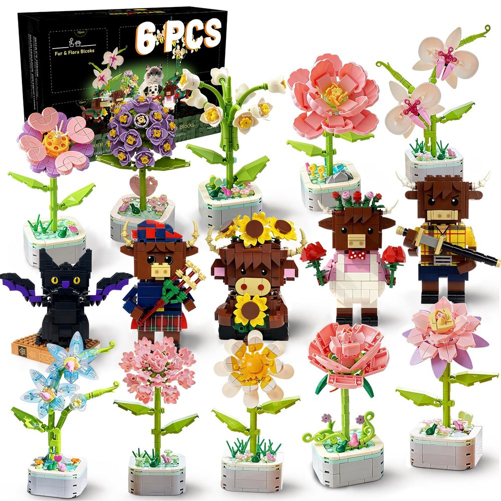 6 Set Flowers and Animal Building Blocks Blind Box -5 Flowers & 1 Animal (Highland Cow or Black Cat) Random Building Sets,A CreativeToy for Kids & Adults,Great for Desks or Farm Decor,Gift Ages 6+