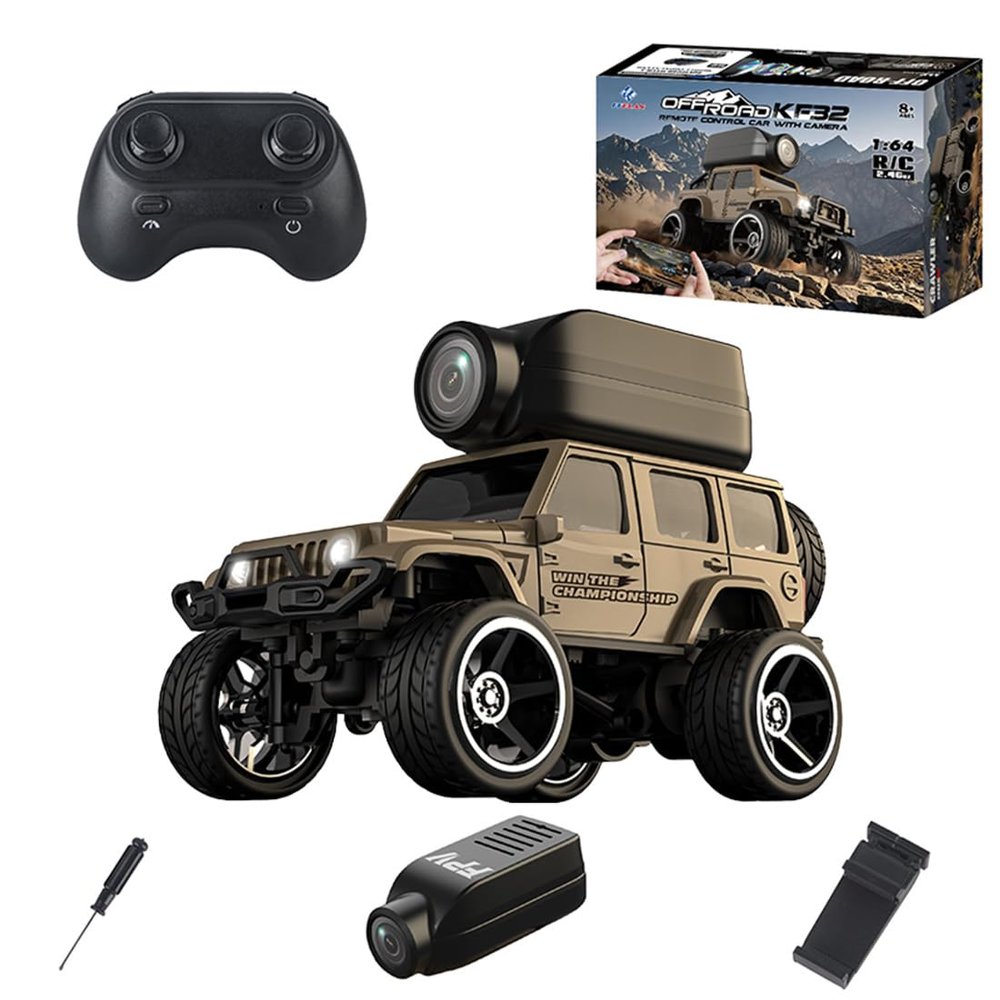 1:64 Scale Mini RC Car with Camera, 4WD Remote Control Off-Road Vehicle, FPV Alloy Crawler Car for Adults, Dual Control via App & 2.4G Remote, Indoor Desktop Racing Model Yellow KF32