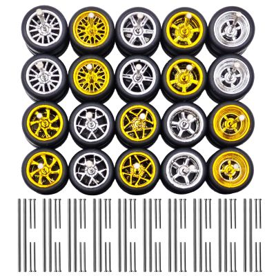 1/64 Wheels and Tires Set with 10 Sets of Modified Axles - 10 Mixed/Random Electroplated Rubber Wheel Sets (5 Gold + 5 Silver) for 1/64 Diecast Cars