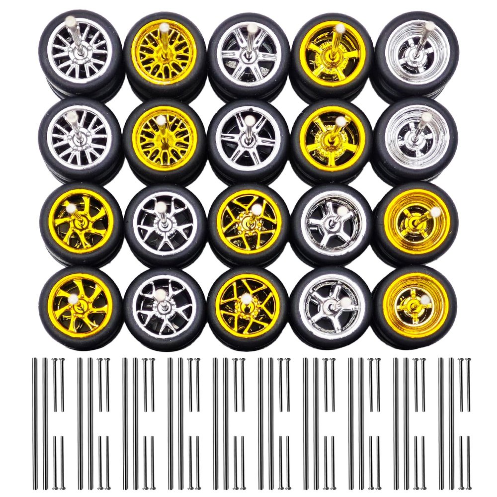 1/64 Wheels and Tires Set with 10 Sets of Modified Axles - 10 Mixed/Random Electroplated Rubber Wheel Sets (5 Gold + 5 Silver) for 1/64 Diecast Cars