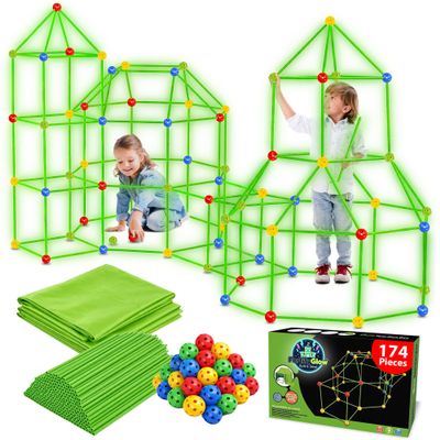 FortifyGlow 174PCS Glow in The Dark Fort Building Kit for Kids -STEM Learning Toys - Creative Construction Set for Boys & Girls - Indoor & Outdoor Play Tent with Green Blanket