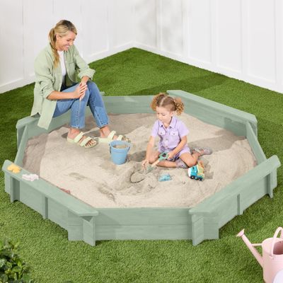 Best Choice Products Large Outdoor Octagon Wooden Sand Box for Kids, Sandbox with Cover, 4 Reinforced Benches Support up to 220 lbs Each, Bottom Liner for Drainage - Sage Green