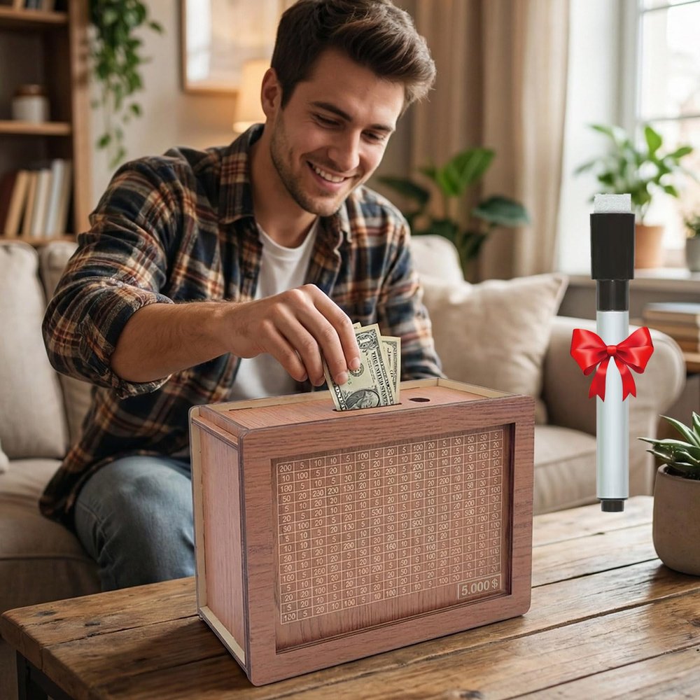 10000 Savings Challenge Box,Portable Retro Wooden Cash Vault with Visual Tracker Board & Number Grid - Reusable Motivational Money Box for All Age Groups,Financial Goal Budget Tool,Money Bank ($5K)
