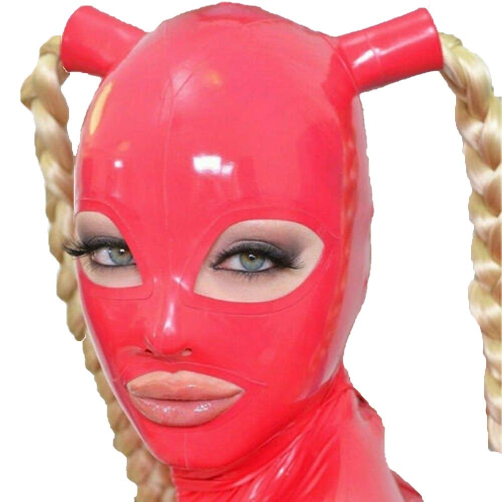 ACBYRUD Latex Hood Rubber Mask with Blond Ponytail Wigs Pigtail Beautiful Girl Headgear (XS)