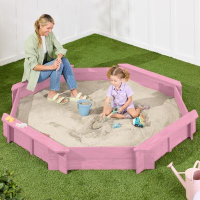 Best Choice Products Large Outdoor Octagon Wooden Sand Box for Kids, Sandbox with Cover, 4 Reinforced Benches Support up to 220 lbs Each, Bottom Liner for Drainage - Pink
