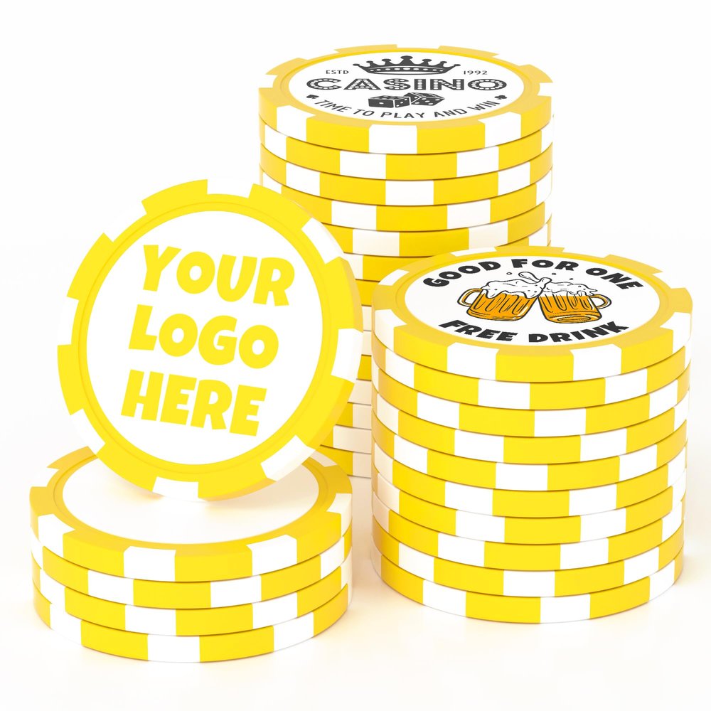 25 Custom Clay Poker Chips, 40mm Heavy 11.5 Grams Casino Sized Personalized Poker Chips with Logo or Text, Customized Drink Tokens for Bar, Party, Business Card, Golf Club or Events (Yellow)