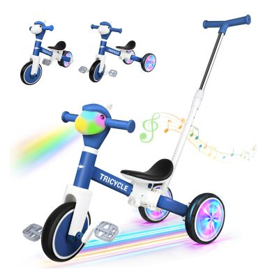 5 in 1 Tricycle for Toddlers 1-3 Year Olds, Push Trike Toys with Light Wheels & Music Front, Toddler Balance Bike for 2-4 Years Old Boys Girls, Birthday Gifts for 1 2 3 Kids Bike (Blue Flash Wheel)