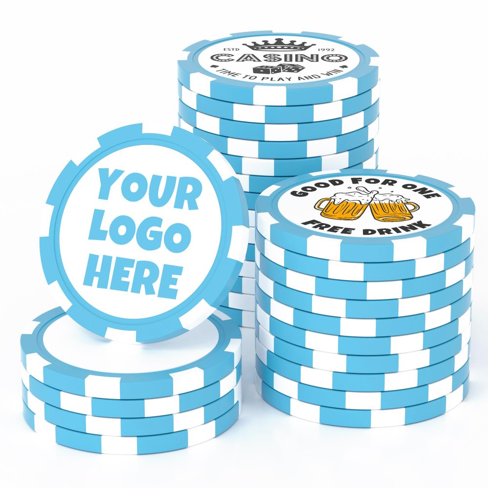 25 Custom Clay Poker Chips, 40mm Heavy 11.5 Grams Casino Sized Personalized Poker Chips with Logo or Text, Customized Drink Tokens for Bar, Party, Business Card, Golf Club or Events (Light Blue)