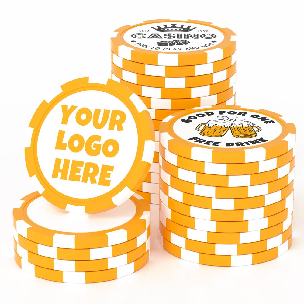 25 Custom Clay Poker Chips, 40mm Heavy 11.5 Grams Casino Sized Personalized Poker Chips with Logo or Text, Customized Drink Tokens for Bar, Party, Business Card, Golf Club or Events (Orange)