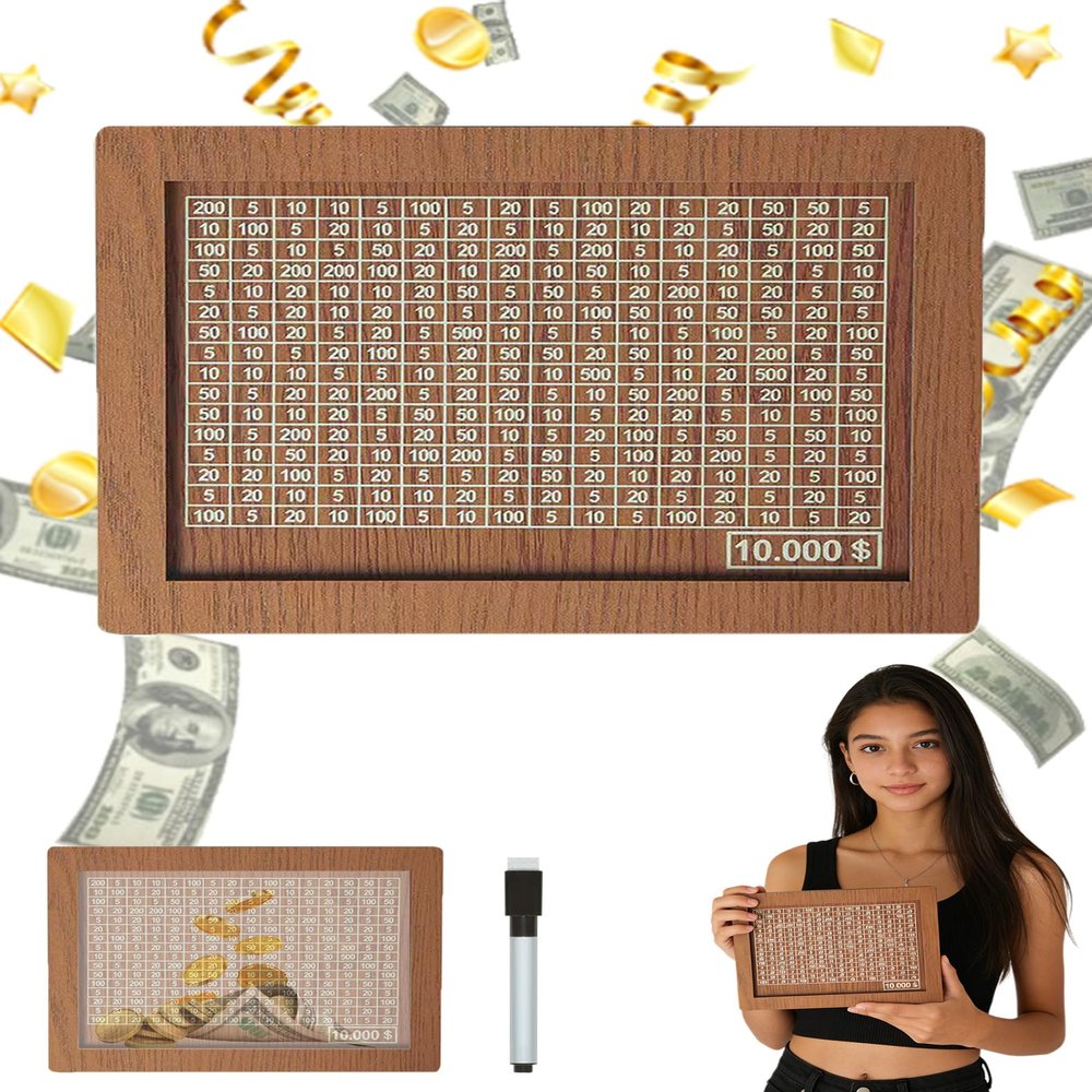 10000 Savings Challenge Box, Cash Vault Wooden Savings Box, Portable Retro Wooden Cash Vault with Money Target and Numbers, Money Box with Dry Erase Pen for Student and Adult (10000)