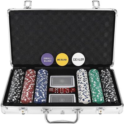 Texas Holdem Poker Set with Aluminium Poker Case, Lockable, 2 Decks of Cards, 300 Poker Chips, 5 Dice Playset