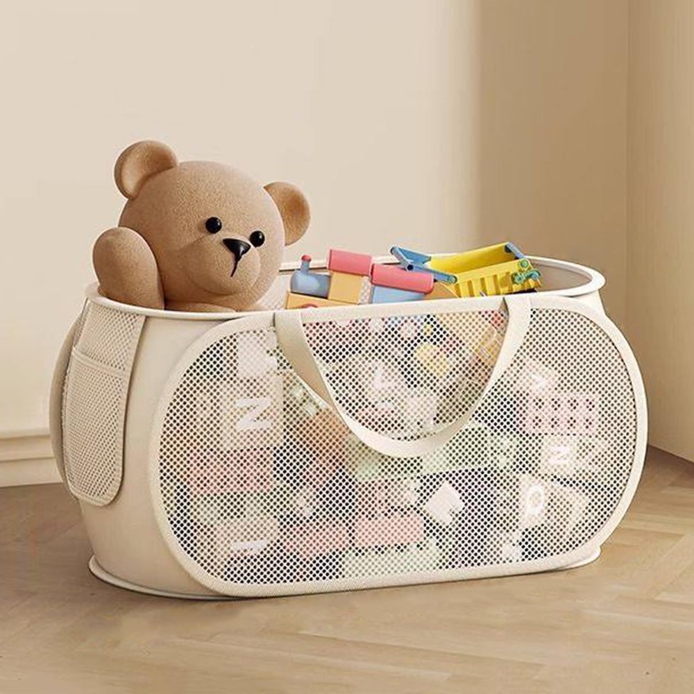 AGFKXO Collapsible Toy Storage Basket with Side Pocket Handles - Pop-Up Mesh Laundry Baskets - Large Toy Basket Ideal for Toys/Clothes/Snacks Organizing,A