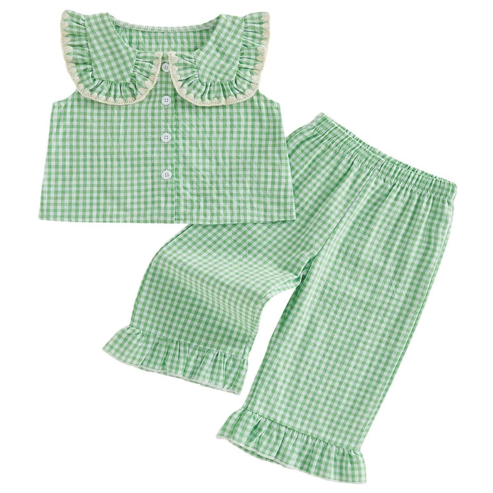 LIOMENGZI Toddler Baby Girl Clothes Summer Baby Outffit Doll Collar Plaid Button Up Plaid Vest Tops Pants 12 18 24 Month 3T 4T (Green Doll Collar, 4-5T)